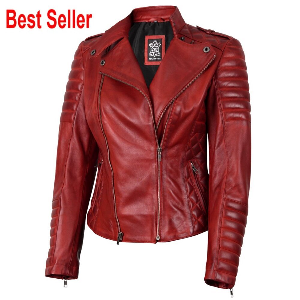 Lambskin Leather Jacket Asymmetrical Style Zip Pockets Lined